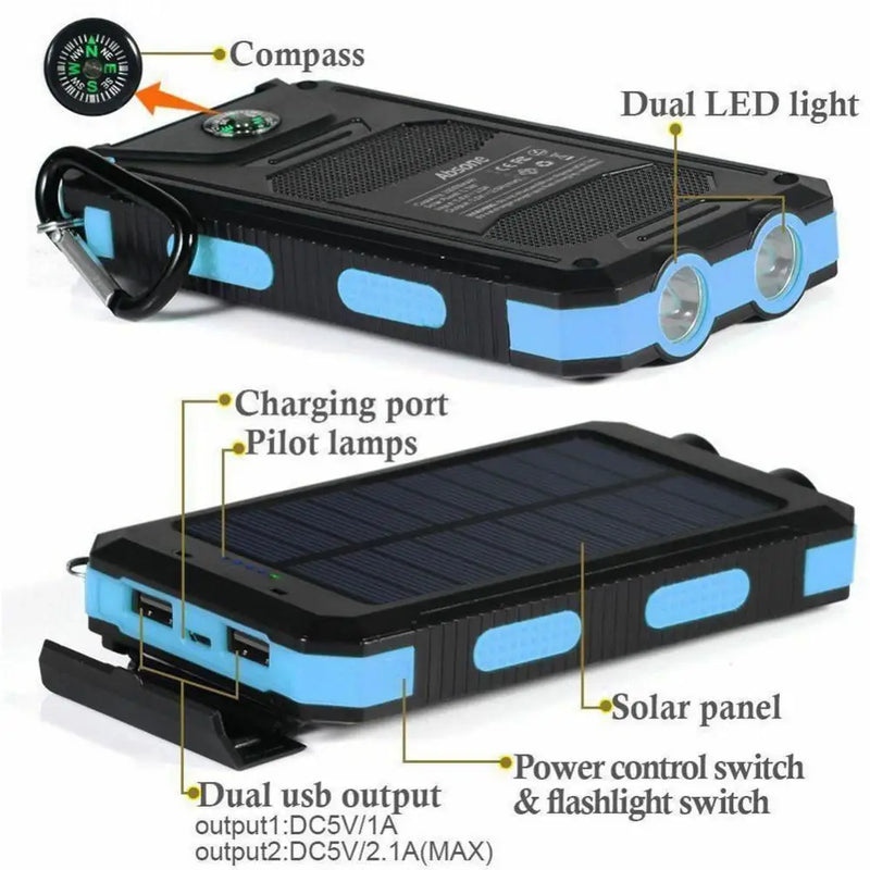 Solar PowerBank - 2 Saídas USB 20.000MAh Com Lanterna Externa a Prova D'água